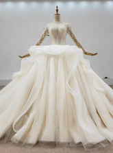 Biggest Sale Champagne Ball Gown Tulle Beading Sequins Long Sleeve Wedding Dress